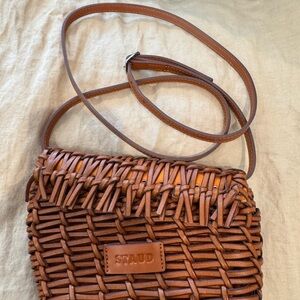 STAUD Tan Woven Leather Crossbody Bag